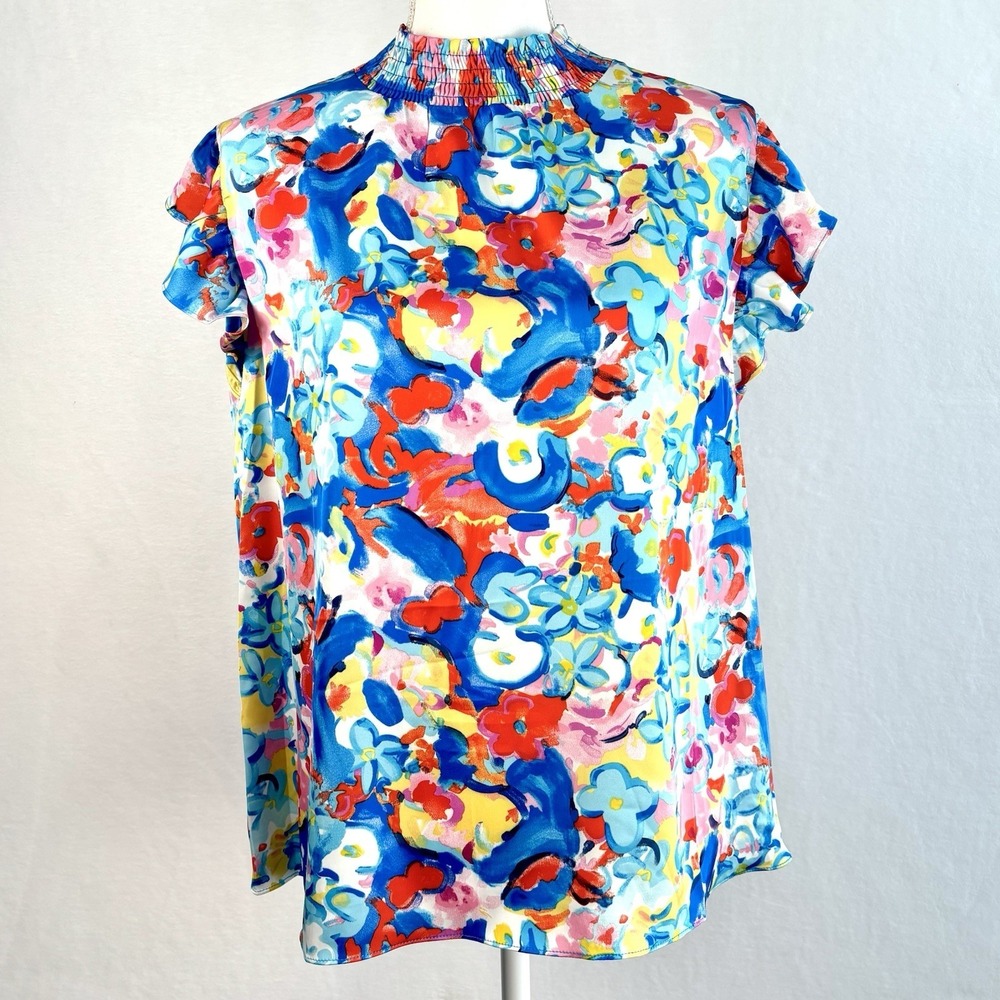 EE:Some Floral Blouse Top Blue Ruffle Cap Sleeve Boutique Vibrant Bright Silky M